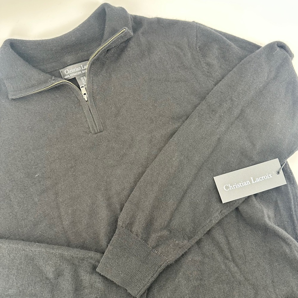 Christian Lacroix Quarter Zip Sweater Black Merino Wool Mens Medium NWT